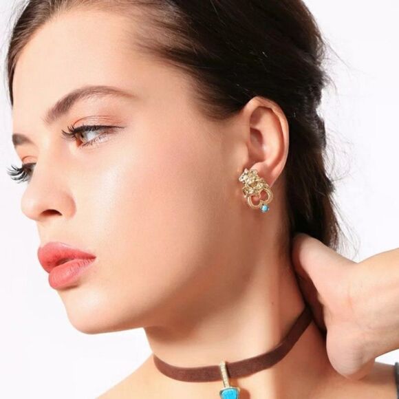 Blue Rhinestone Matt Gold Vintage Stud Earrings - Picture 2 of 8